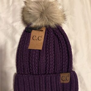 C.C Violet Knit Hat with Faux Fur Pom
